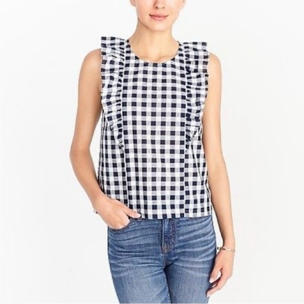 J. Crew Gingham Blue/White Printed Ruffle Tank Top size 2